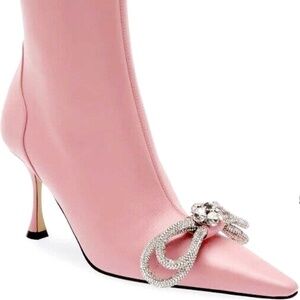MACH & MACH Pink Leather Double Bow Crystal Bootie